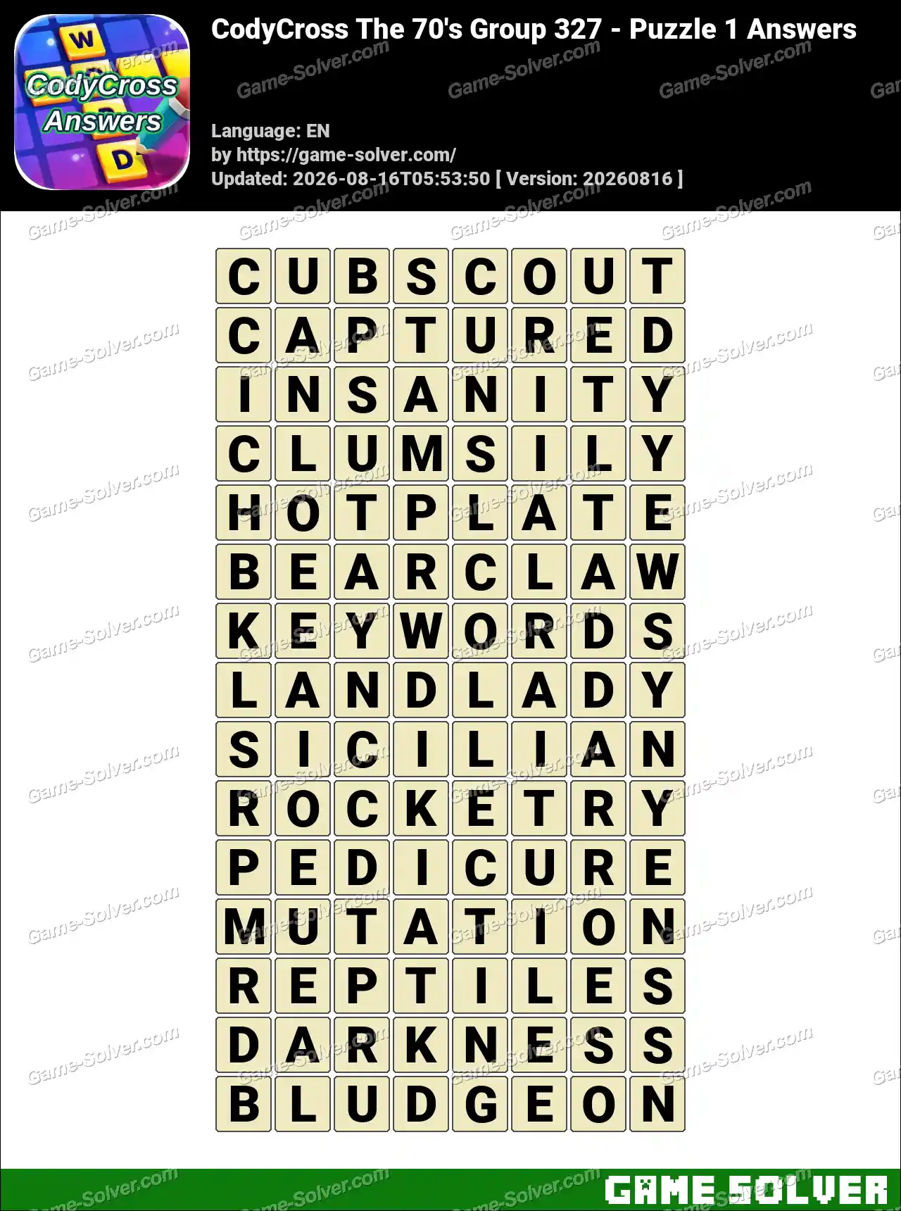 CodyCross The 70’s Group 327 – Puzzle 1 Answers